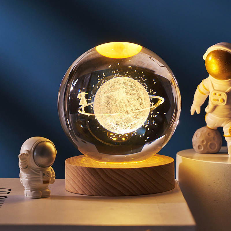 3D Crystal Glass Ball Night Lights with Wooden Base 3D laser engraving solar system crystal ball Night Lamp