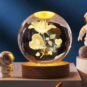 3D Laser Engraving Solar System 3d Art Crystal Ball Night Lamp Luminous with Wooden Led Night Light Base