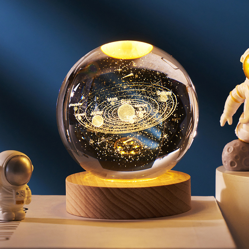 3D Crystal Glass Ball Night Lights with Wooden Base 3D laser engraving solar system crystal ball Night Lamp