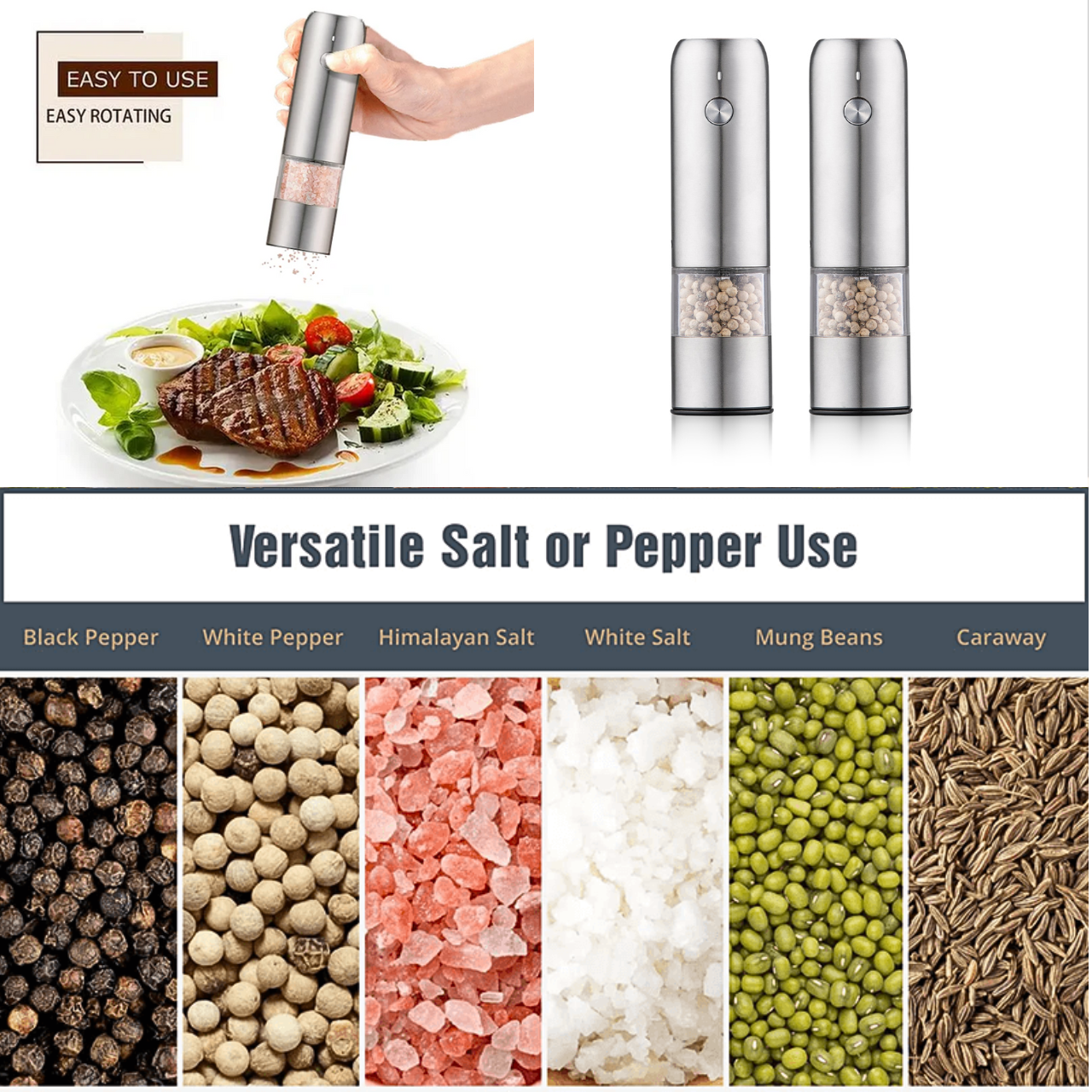 Kitchen Grinder Tools Stainless Steel Mini Electric Salt and Pepper Grinder Set With Ceramic Burr Core Adjustable Grinding