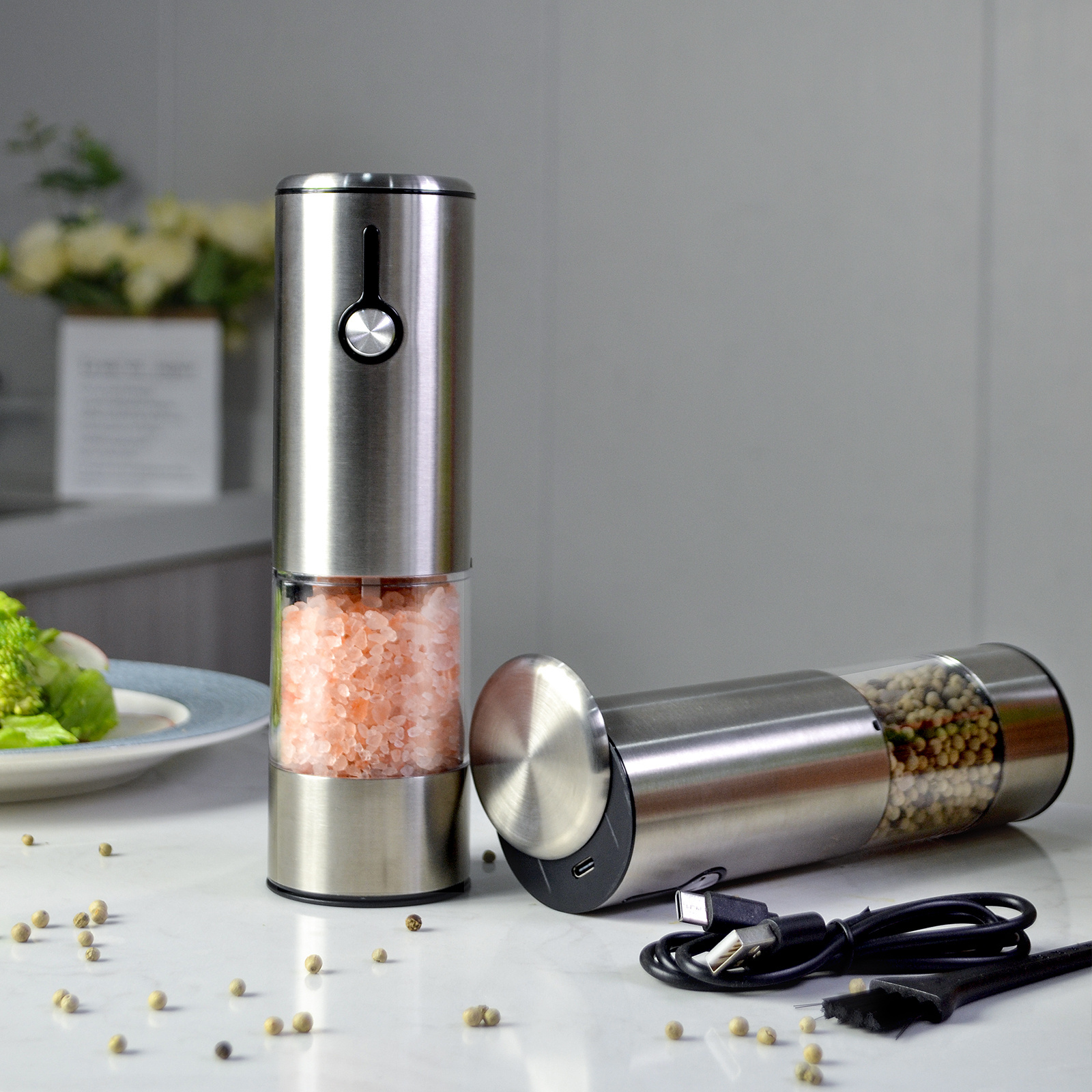 Large Capacity Electric Pepper Grinder Mill Stainless Steel USB Rechargeable Automatic Salt and Pepper Grinder