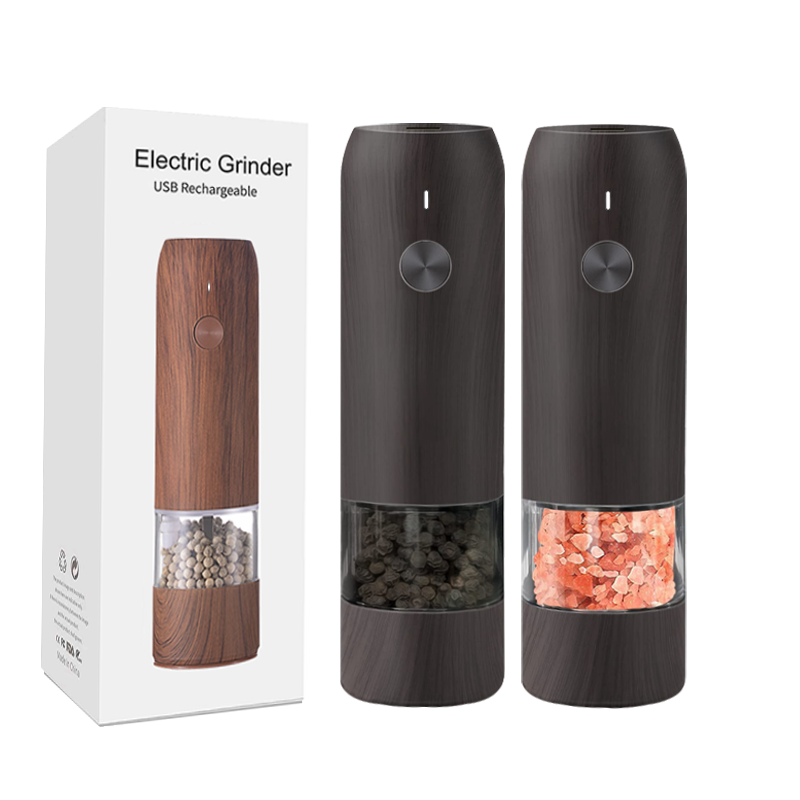 2 In 1 Electric Salt And Pepper Grinder Set USB Rechargeable One-button Automatic Pepper Mill Black wood grain