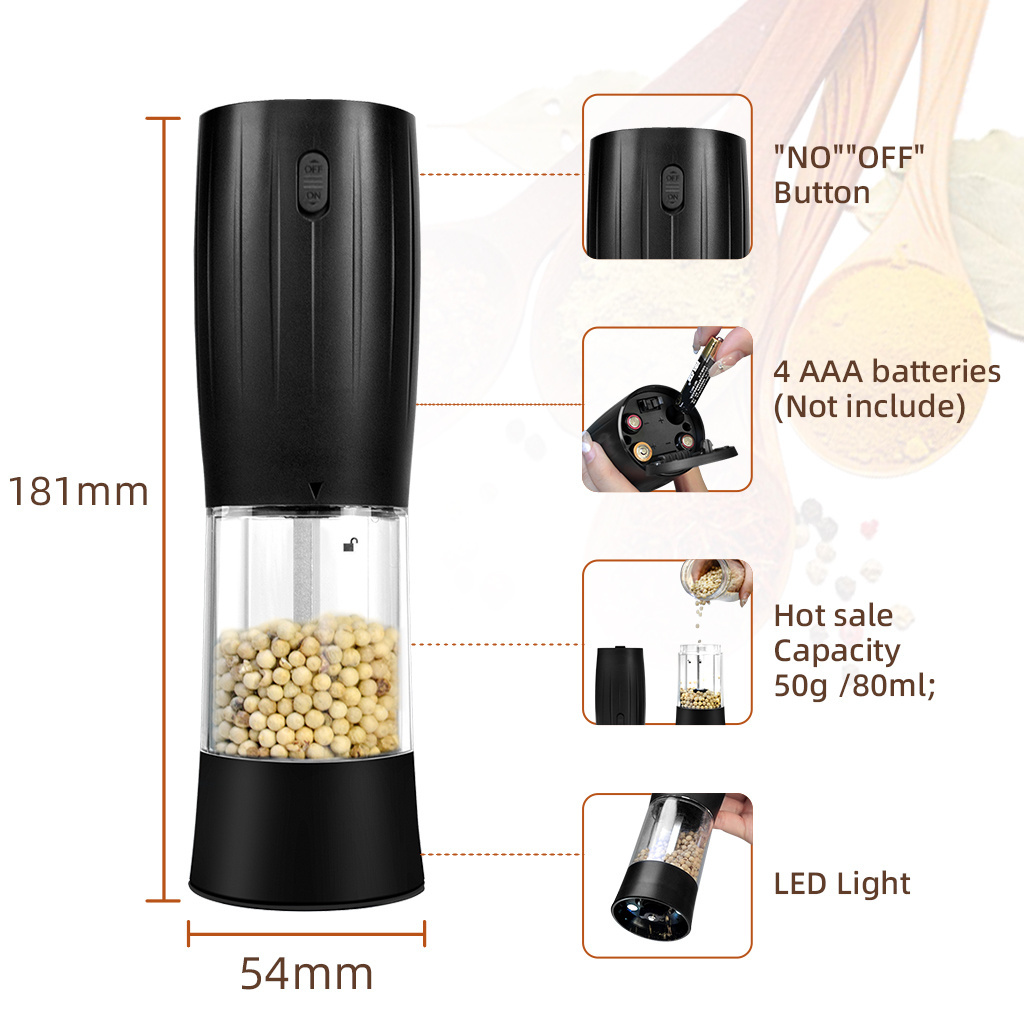 One Hand Operated Gravity Electric Salt and Pepper Grinder Set Automatic Mill Grinder Battery Powered with LED Light