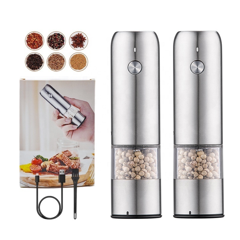 Kitchen Grinder Tools Stainless Steel Mini Electric Salt and Pepper Grinder Set With Ceramic Burr Core Adjustable Grinding