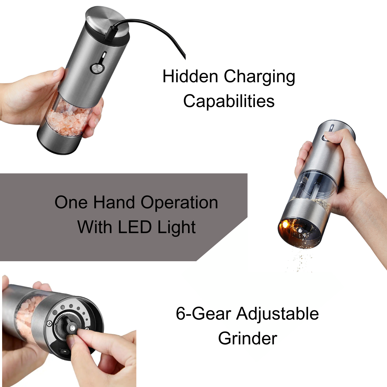 Large Capacity Electric Pepper Grinder Mill Stainless Steel USB Rechargeable Automatic Salt and Pepper Grinder