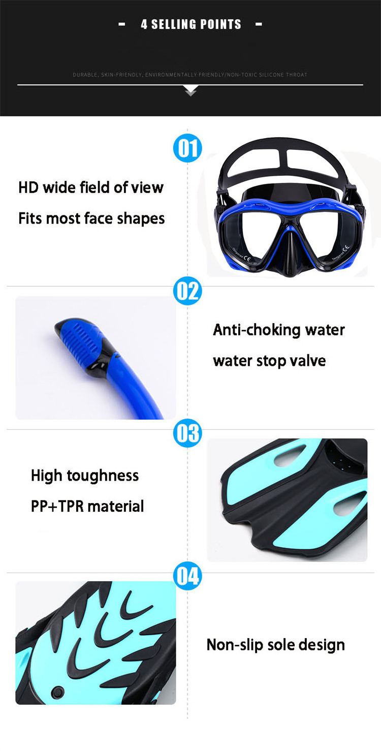 Adults Dry Top Anti Fog Diving Equipment Snorkel Scuba Set Flippers Snorkel Tube Diving Mask Swimming Goggles Diving Fins