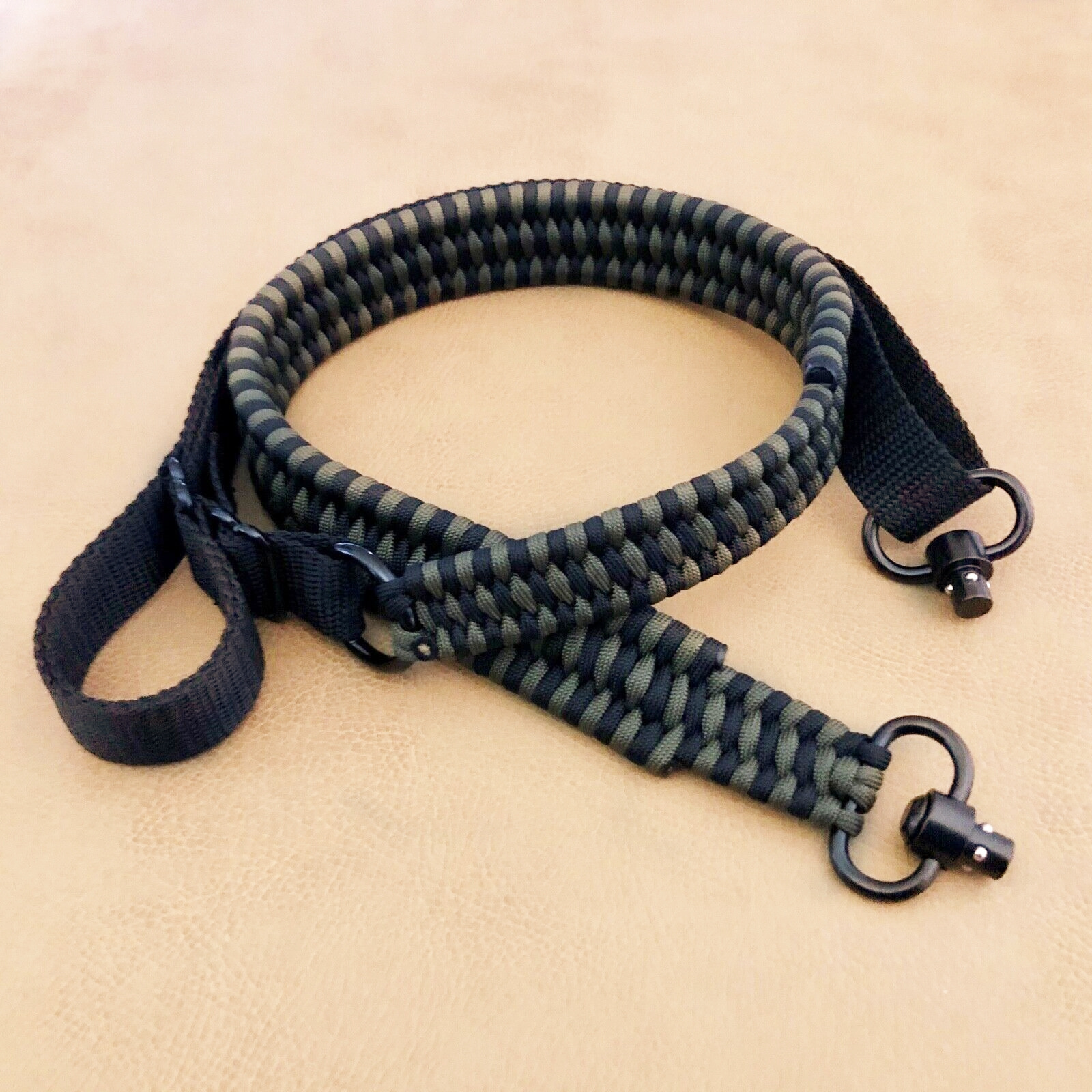 Custom handmade green black two point adjustable paracord 550lb strap qd sling mount sling swivel tactical gun sling