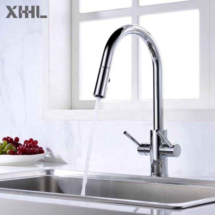 cUPC Dual Handle Golden Kitchen Tap with Pull Down Sprayer Kitchen Sink Faucet with Pull Out Sprayer