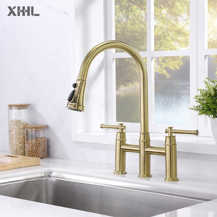 Modern bridge gold sink mixer tap double handle two lever luxury kitchen faucet with pull-down sprayhead