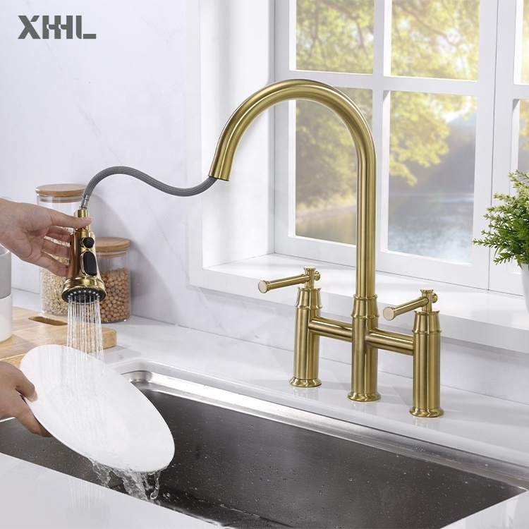 Modern bridge gold sink mixer tap double handle two lever luxury kitchen faucet with pull-down sprayhead