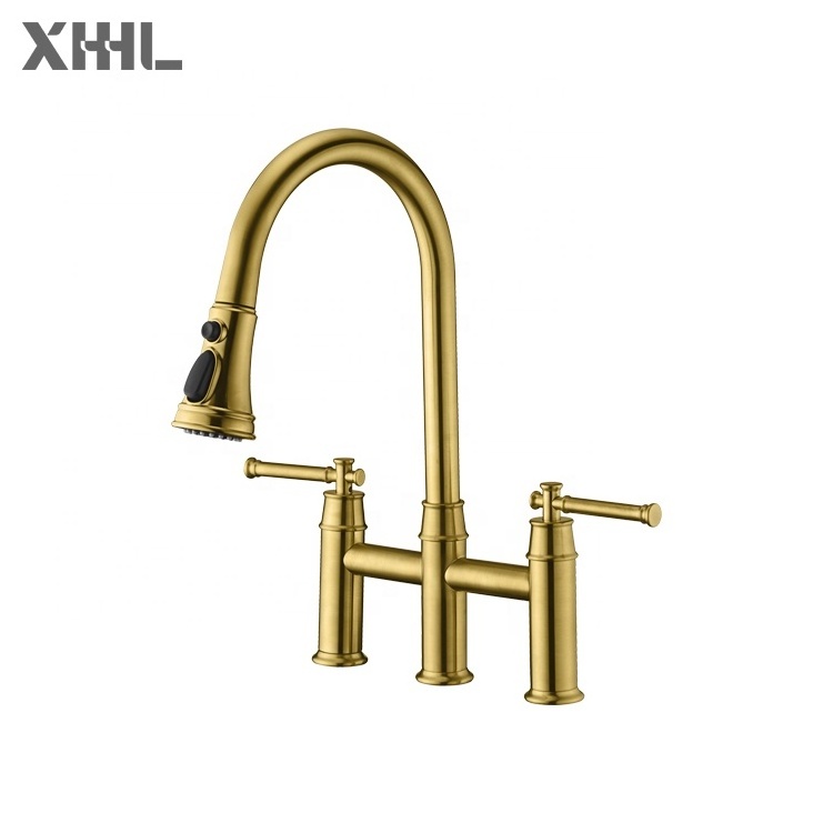 Modern bridge gold sink mixer tap double handle two lever luxury kitchen faucet with pull-down sprayhead