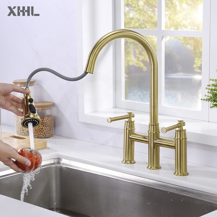 Modern bridge gold sink mixer tap double handle two lever luxury kitchen faucet with pull-down sprayhead