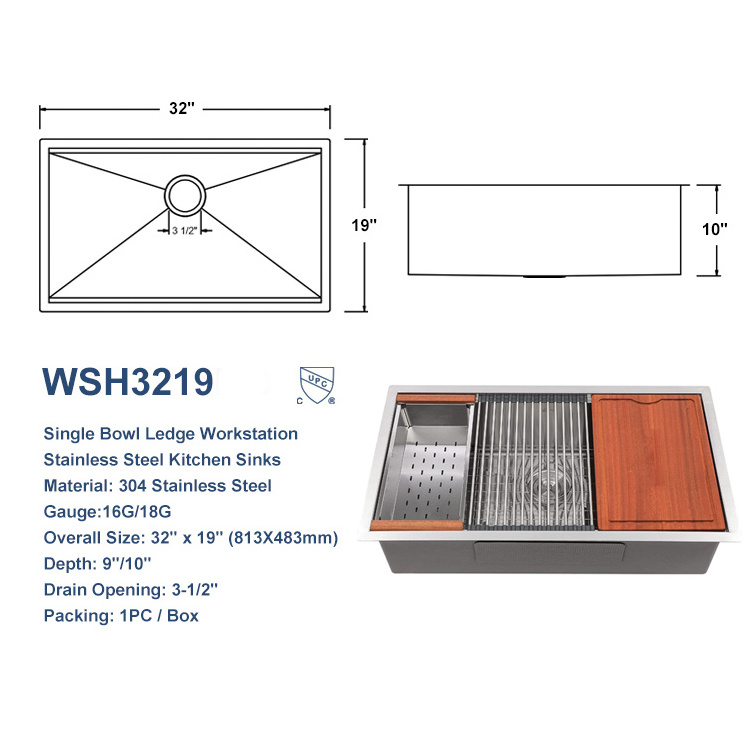 HMW3219 Workstation Ledge Handmade Undermount Kitchen Sink SUS304 Stainless Steel Single Bowl Sink