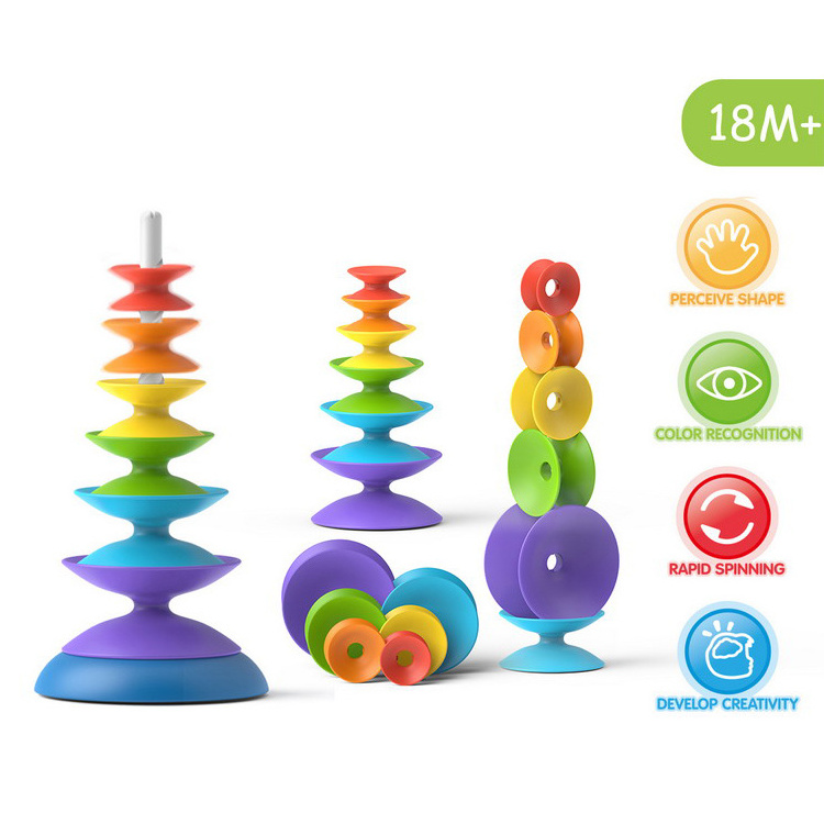 Montessori Educational Stacker Tower Stacking Games Weeden Kid Trending Toys Rainbow Spinning Wheel Toy