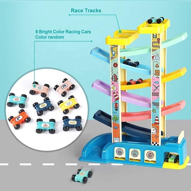 Gliding Toddler Car Ramp Toy Race Track  Car Slide with 6 Ramps 8 Mini Cars for Kids