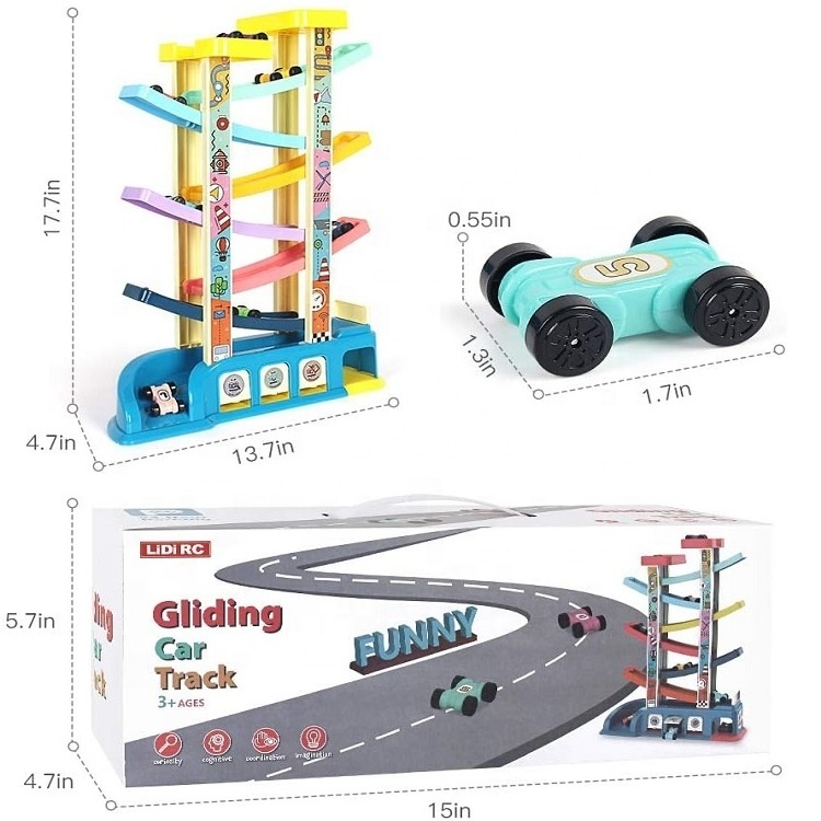 Gliding Toddler Car Ramp Toy Race Track  Car Slide with 6 Ramps 8 Mini Cars for Kids