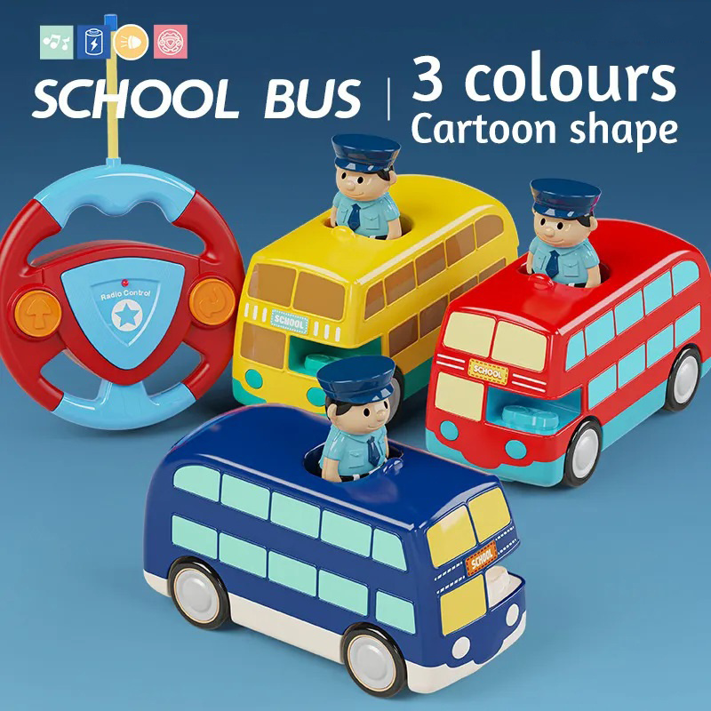 2 Channel Mini Cartoon RC Car Toy School Bus With Light And Music Police Figure Plastic Remote Control Car Toy For Kids