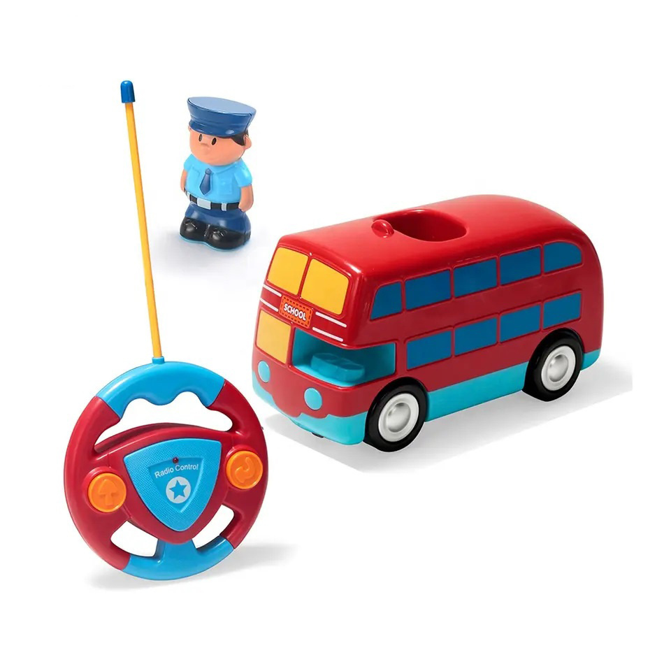 2 Channel Mini Cartoon RC Car Toy School Bus With Light And Music Police Figure Plastic Remote Control Car Toy For Kids