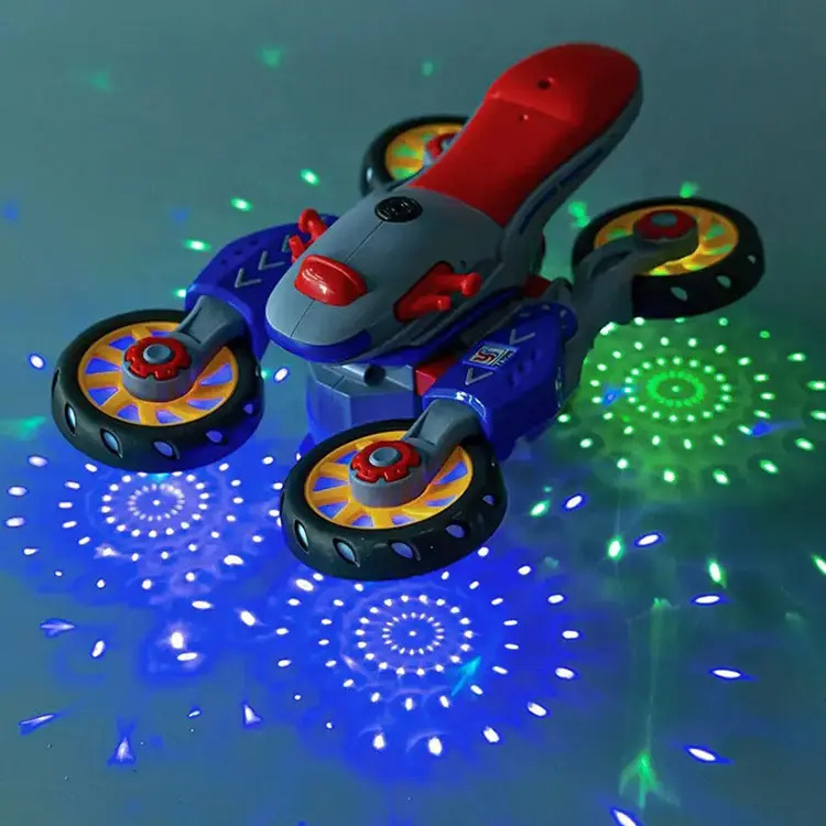 Battery operate 360 degree deformable rotation small cartoon stunt toy motors with light and music