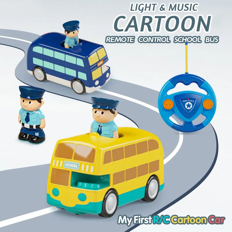 2 Channel Mini Cartoon RC Car Toy School Bus With Light And Music Police Figure Plastic Remote Control Car Toy For Kids