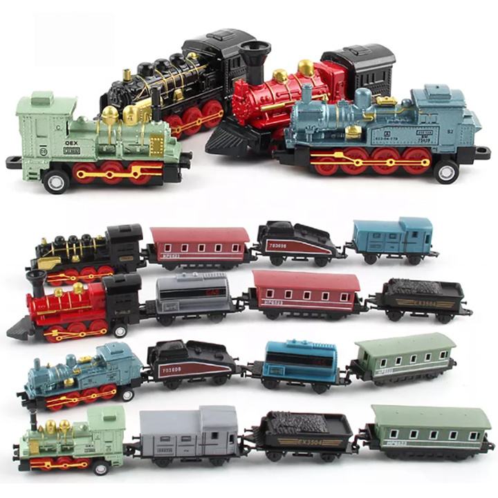 1:60 Mini DieCast Pull Back Steam Train Model Set Railway With Engine Car MINI Pull Back Alloy Train