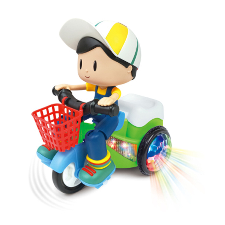 Battery operated flash 360 degrees rotating China stunt toys plastic tricycle cars with light music