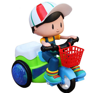 Battery operated flash 360 degrees rotating China stunt toys plastic tricycle cars with light music