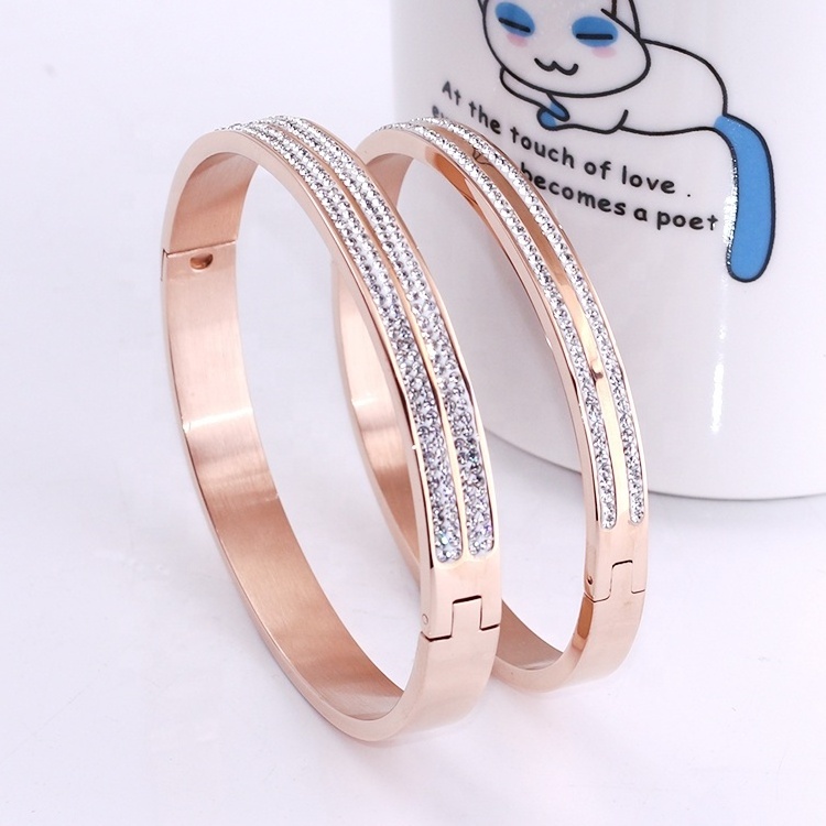 Manufacturer wholesale simple rose gold fashion jewelry 316l stainless steel crystal couple cuff bracelet bangle set women men