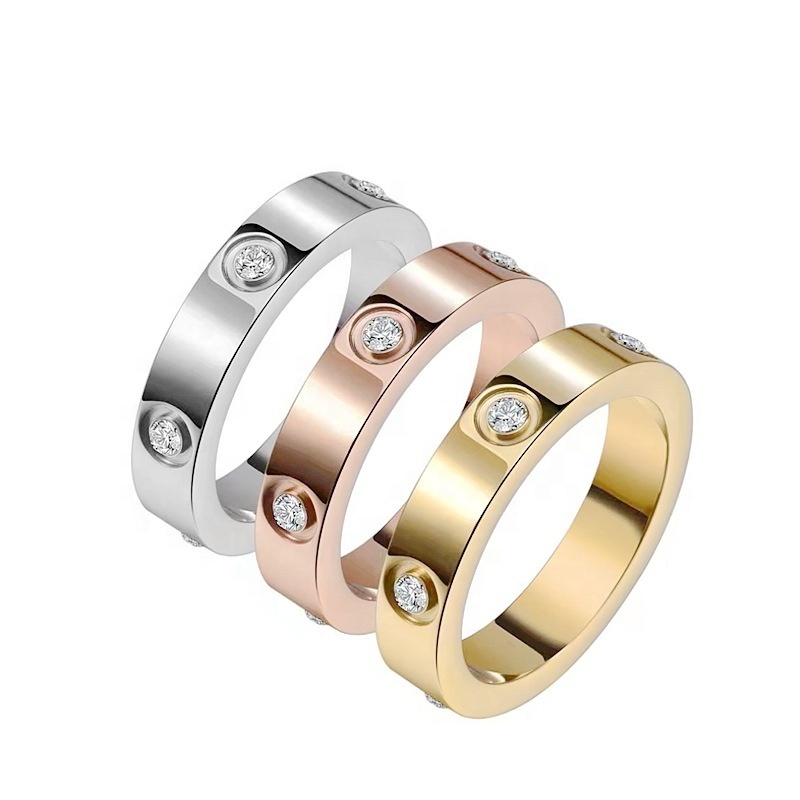 Custom Classic Fashion Jewelry 18K Gold Plated Stainless Steel Love Couple Ring Diamond Zircon Stone Wedding Ring For Women Men