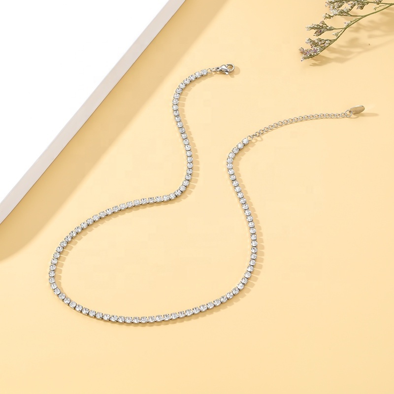 Wholesale Custom Fashion Jewelry Stainless Steel Silver Plated 3MM Moissanite Diamond Zircon Chain Tennis Necklace For Women Men