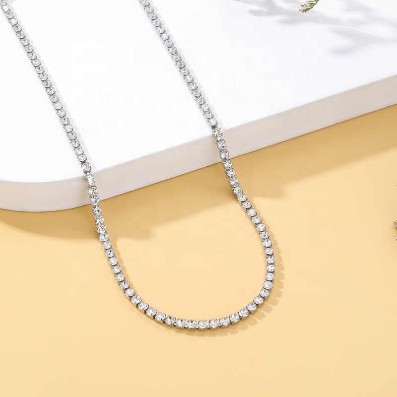 Wholesale Custom Fashion Jewelry Stainless Steel Silver Plated 3MM Moissanite Diamond Zircon Chain Tennis Necklace For Women Men