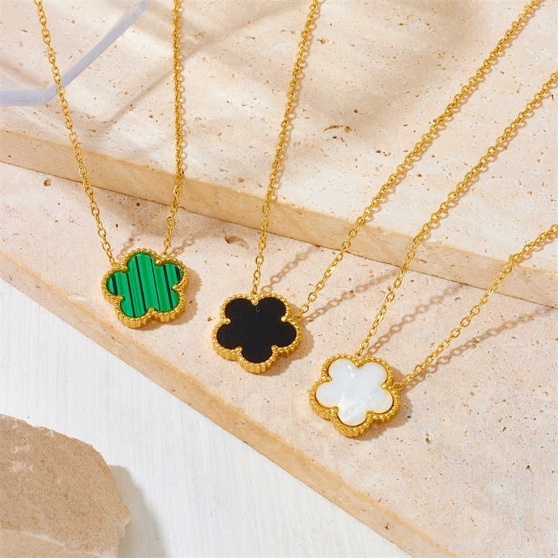 Custom Wholesale Fashion Jewelry 18K Gold Plated Stainless Steel Shell Clover Five Leaf Grass Flower Charm Necklace For Women