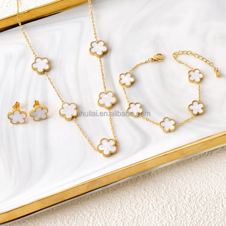 Custom Fashion 4 Piece Jewelry Sets 18K Gold Stainless Steel Clover Five Leaf Grass Flower Necklace Bracelet Earrings Sets Women