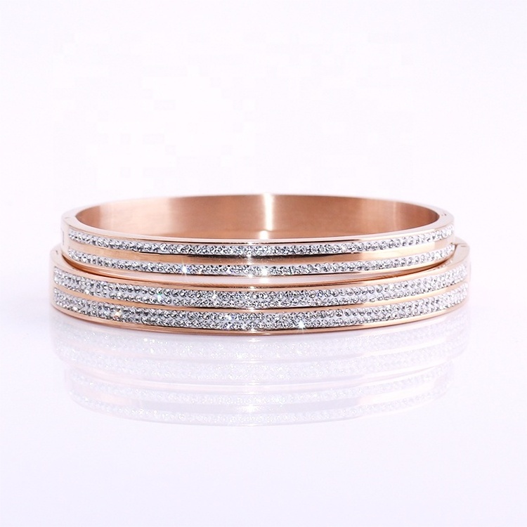 Manufacturer wholesale simple rose gold fashion jewelry 316l stainless steel crystal couple cuff bracelet bangle set women men