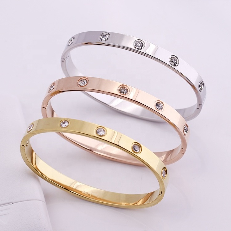 wholesale custom 18K gold plated stainless steel fashion jewelry crystal zircon love couple cuff bracelet bangle for women men