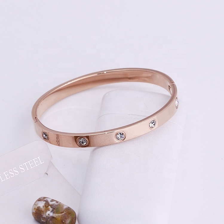 wholesale custom 18K gold plated stainless steel fashion jewelry crystal zircon love couple cuff bracelet bangle for women men