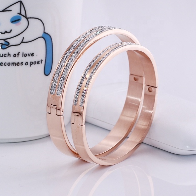 Manufacturer wholesale simple rose gold fashion jewelry 316l stainless steel crystal couple cuff bracelet bangle set women men