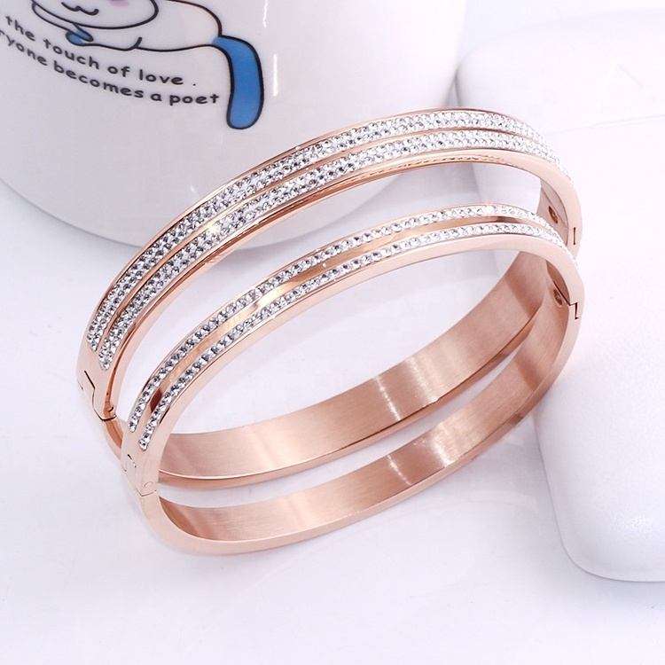 Manufacturer wholesale simple rose gold fashion jewelry 316l stainless steel crystal couple cuff bracelet bangle set women men