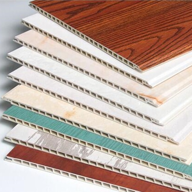 PVC internal fireproof composite wall cladding wooden color PVC ceiling Oil Printing Wood Grain Design Wall Panel