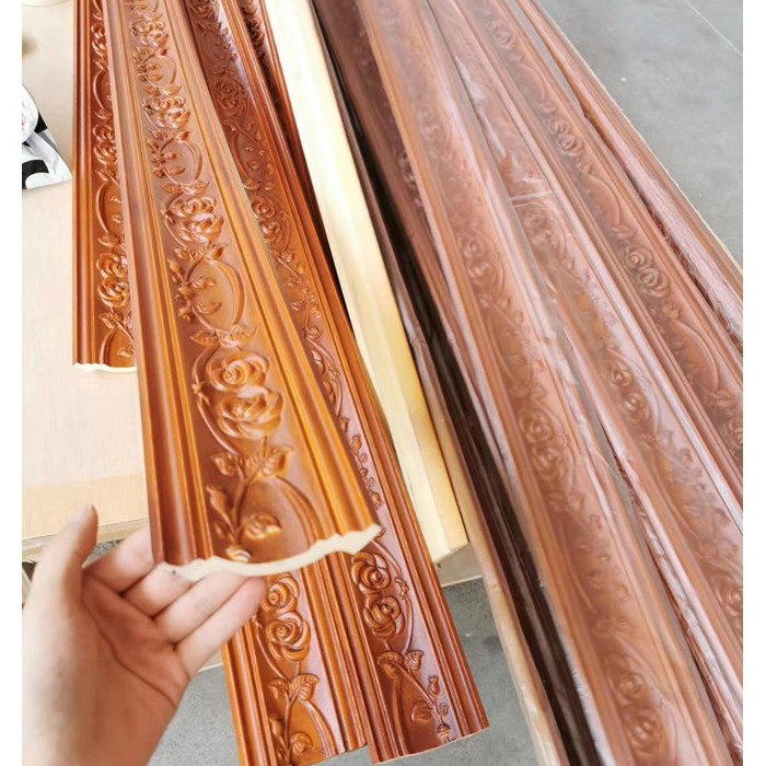 Chinese Style Polyurethane PU Foam Wooden Colour Carved Flower Decorative Mouldings Classical Molding Trim Primed Corner