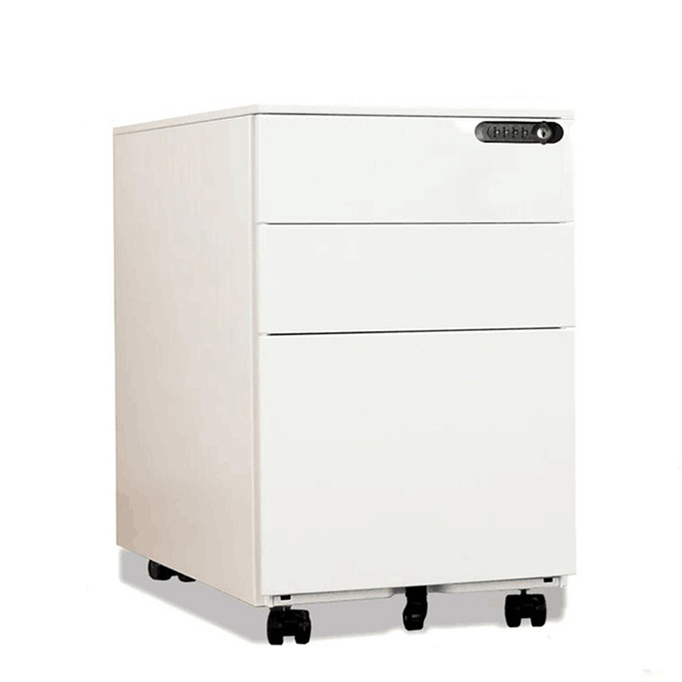 Mobile pedestal metal storage cabinet with three drawers