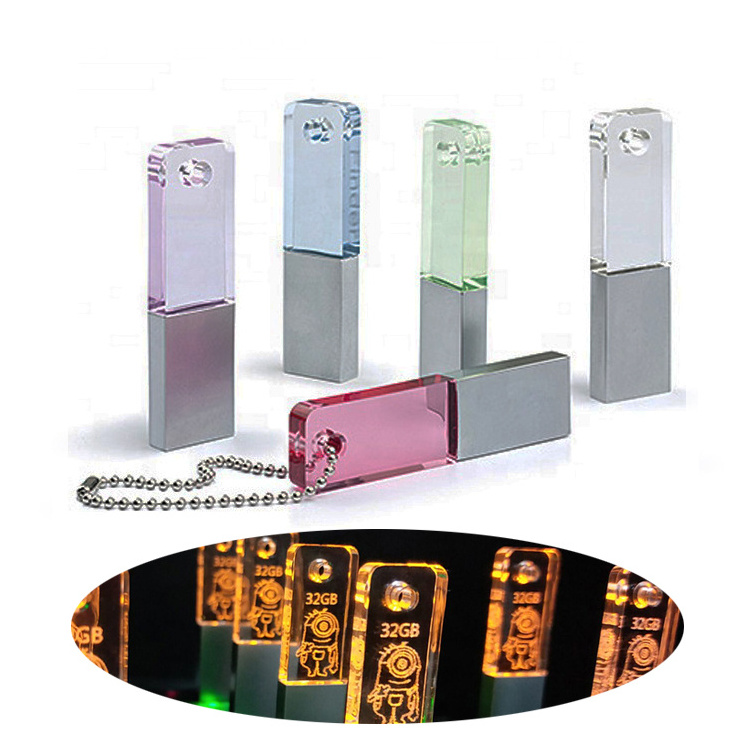 3D customized mini metal acrylic 2.0 flash memory pen drive crystal USB keys with highlight led inside for advertising promotion