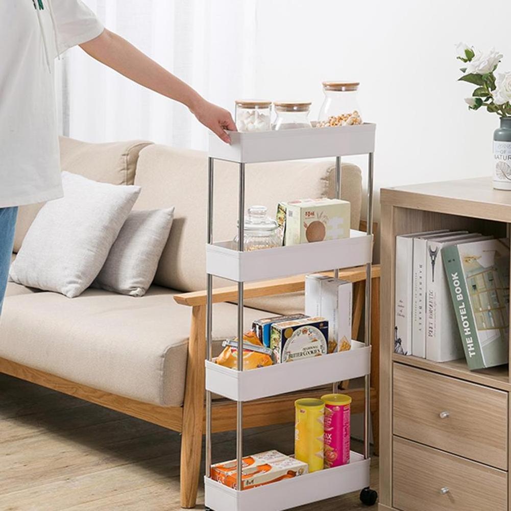 Kitchen Storage Rack Cart Bathroom Movable Shelf With Wheel Room Gap Slim Holder Assemble Plastic Slide Organizer