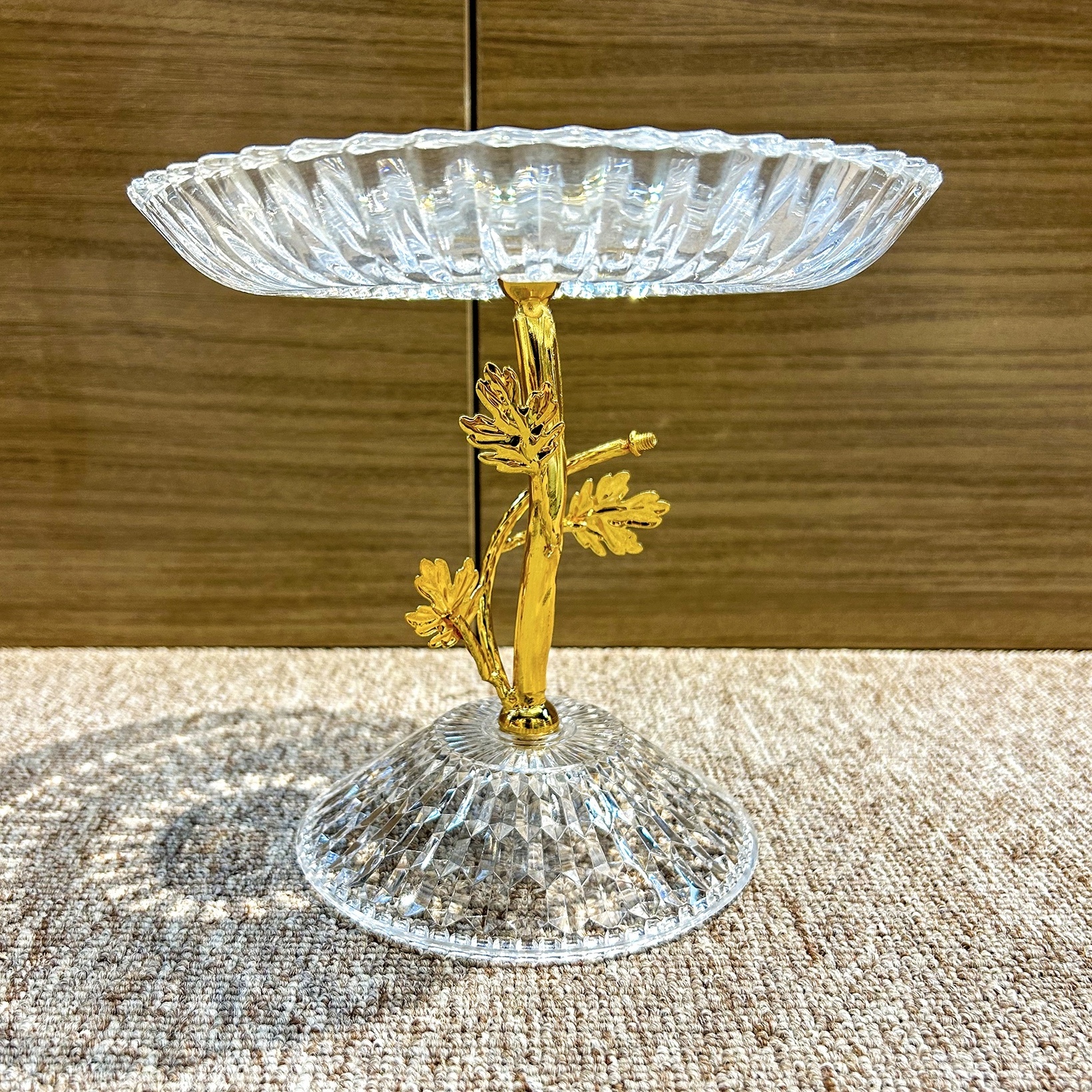 Luxury Glass Metal Fruit Plate Kitchen Golden Gold Decor Food Serving Tray Basket Cake Decoration acrylic new design Trays Round