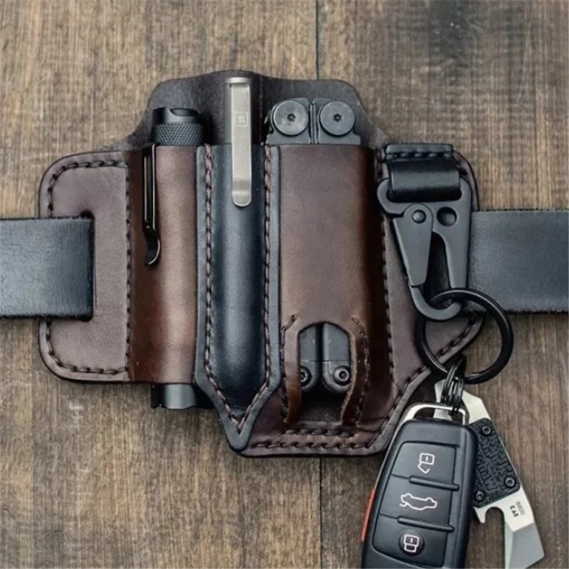 HIBO Multitool Leather Sheath EDC Organizer Knife Pen Mini Flashlight Belt Bag With Key Holder