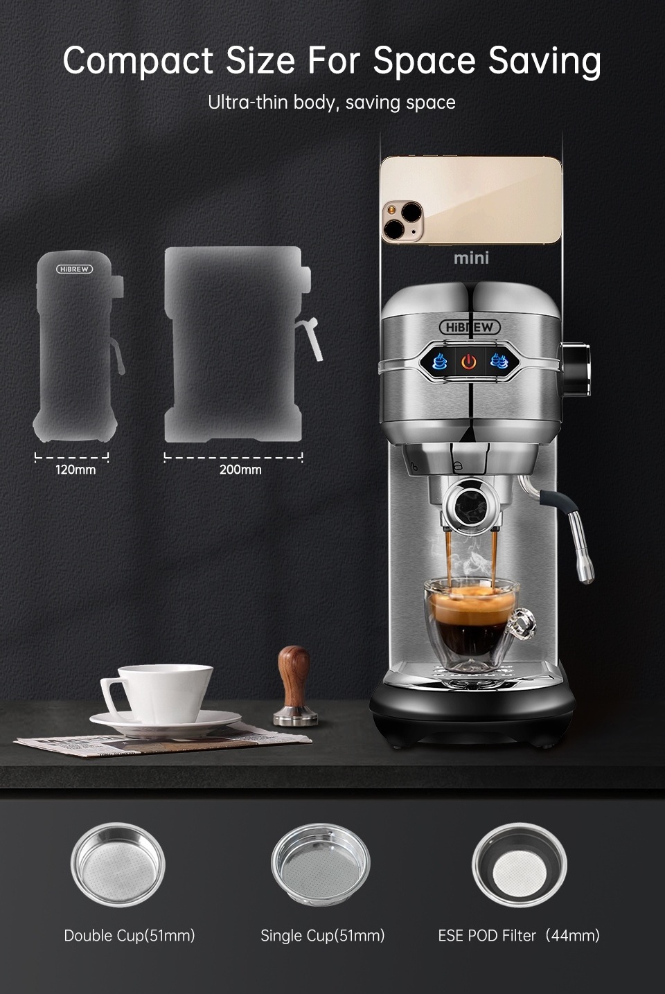 HiBREW H11 19 Bar Semi Automatic Espresso Cappuccino ESE POD& Powder Coffee Maker Cafetera machine