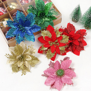 Classic Christmas Decorative Flowers Xmas Tree Ornaments Flowers For Home New Year Party Supplies Glitter Poinsettia Flower