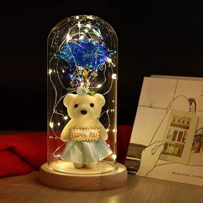 2024 Hot Selling LED Light Glass Dome Galaxy Rose Flowers With One Mini Bear For Christmas Valentine's Day Birthday Gift