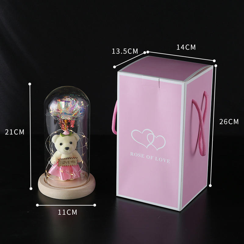 2024 Hot Selling LED Light Glass Dome Galaxy Rose Flowers With One Mini Bear For Christmas Valentine's Day Birthday Gift