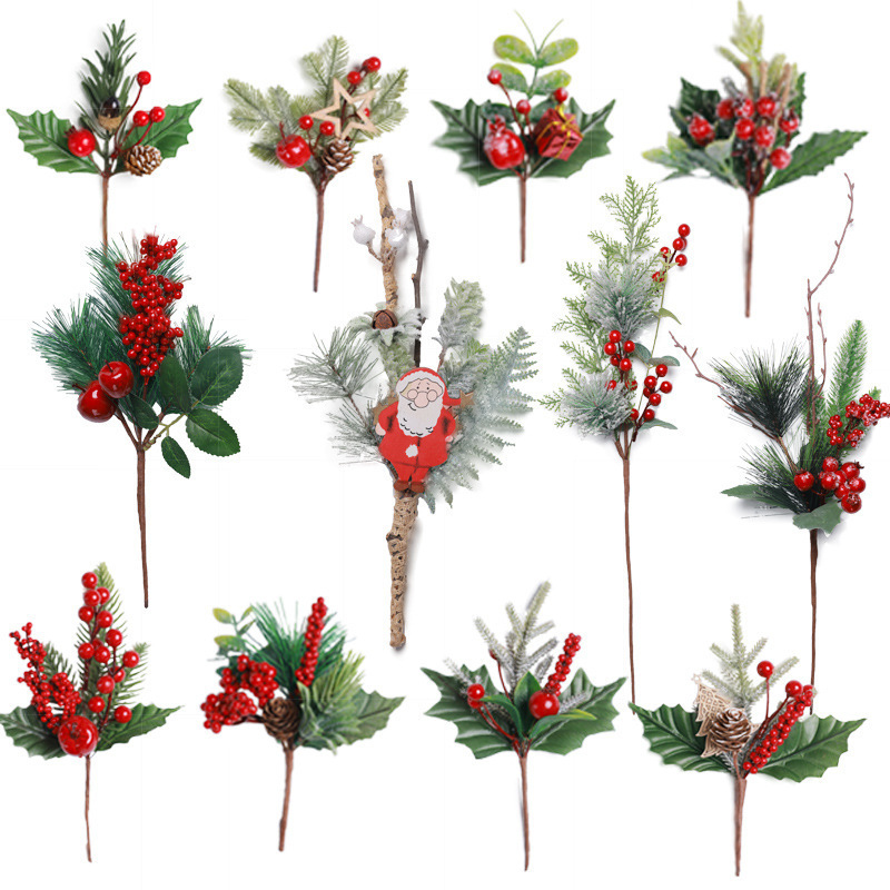 Hot Sale Red Evergreen Berries Artificial Pine Cones Branch For Christmas Craft Artificial Red Berry Stems